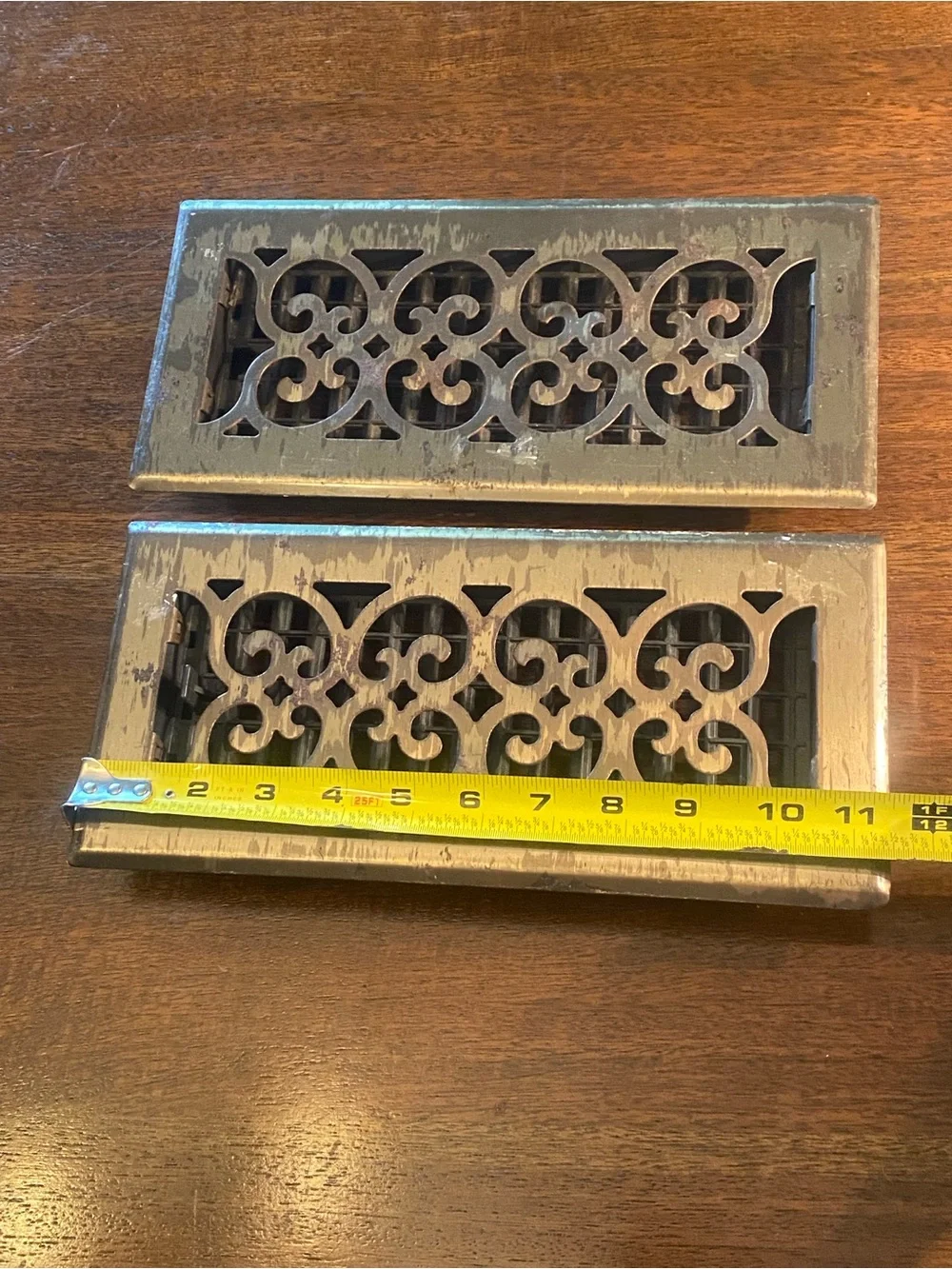 Pair Vintage Ornate Metal 4x10 Floor Registers Scroll Grille Heat Vents